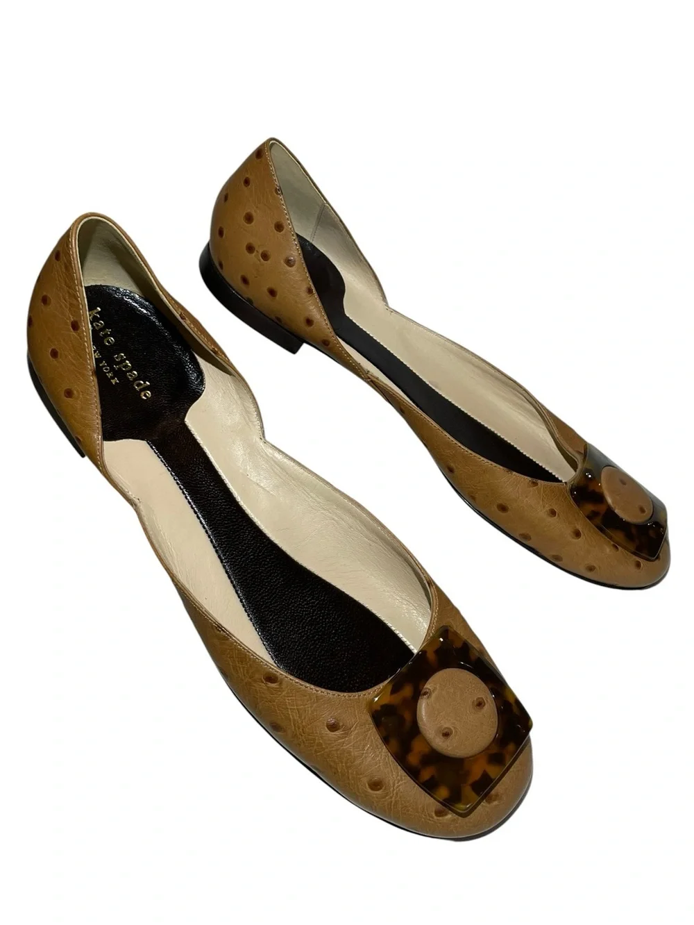Vintage kate spade D'Orsay Fawn Leather Ostrich Flats Tortoiseshell Buckle 9.5